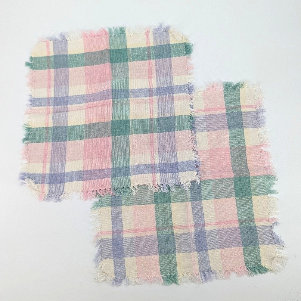 Vintage Pink Green Pastel Plaid Cloth Napkins Set of 2 Fringed Woven Linens 14" - Picture 3 of 4